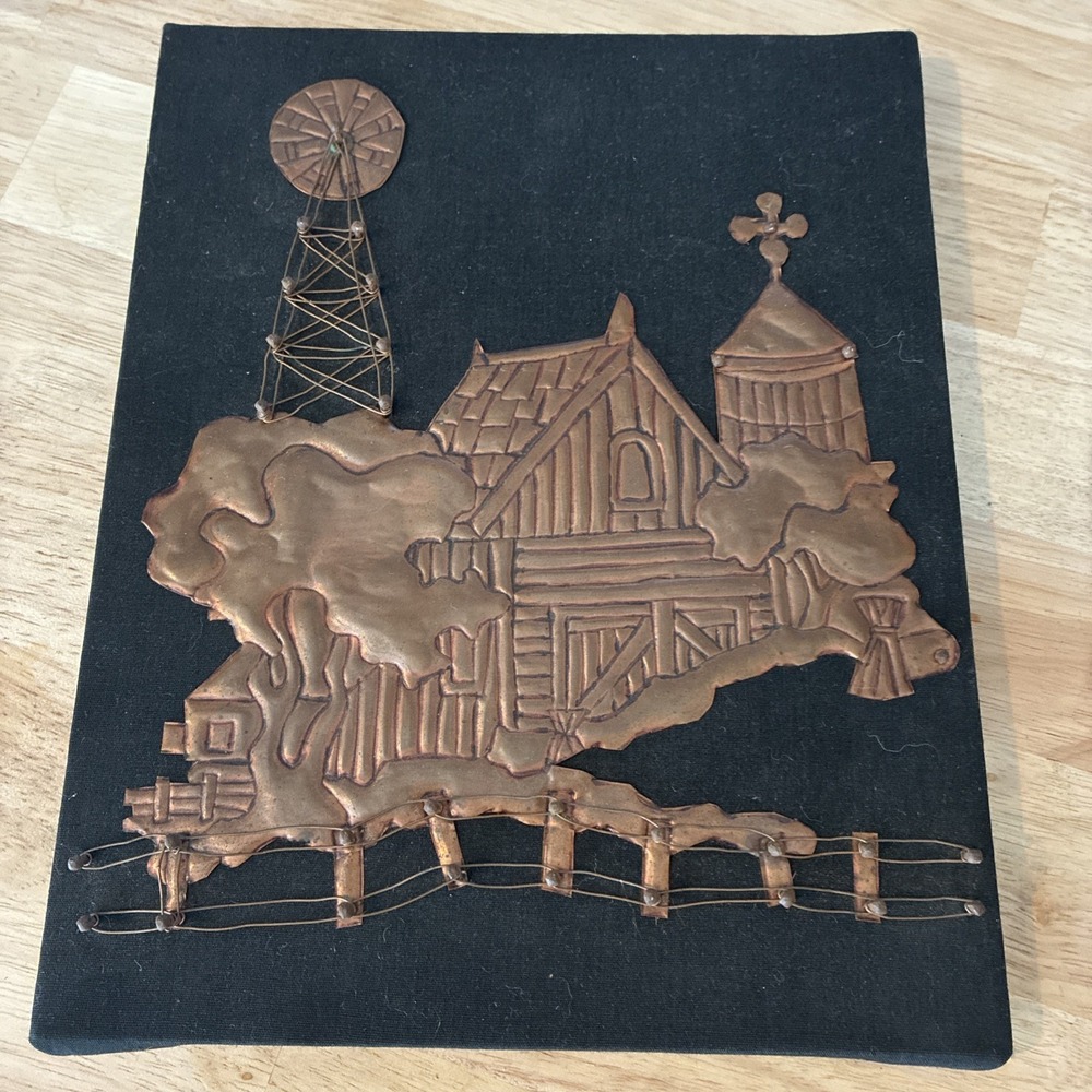 Vintage Cabin & Windmill Metal Brass‎ Art On Fabric Wall Hanging 10x7 3/4"